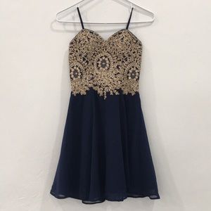 XS- Navy Blue and Gold Beaded Homecoming Dress